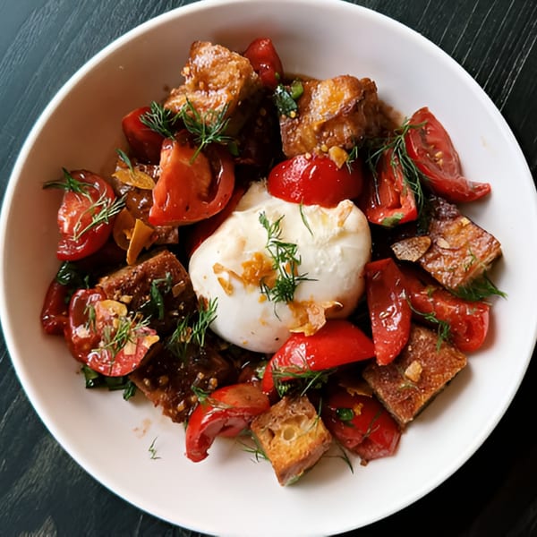 Burrata cheese with cherry tomatoes, croutons, and fresh dill in a white bowl.
